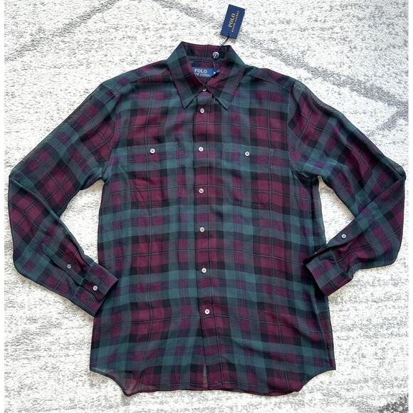 NWT Polo Ralph Lauren Silk Sheer Purple Green Plaid Shirt Blouse Size M - Picture 4 of 10